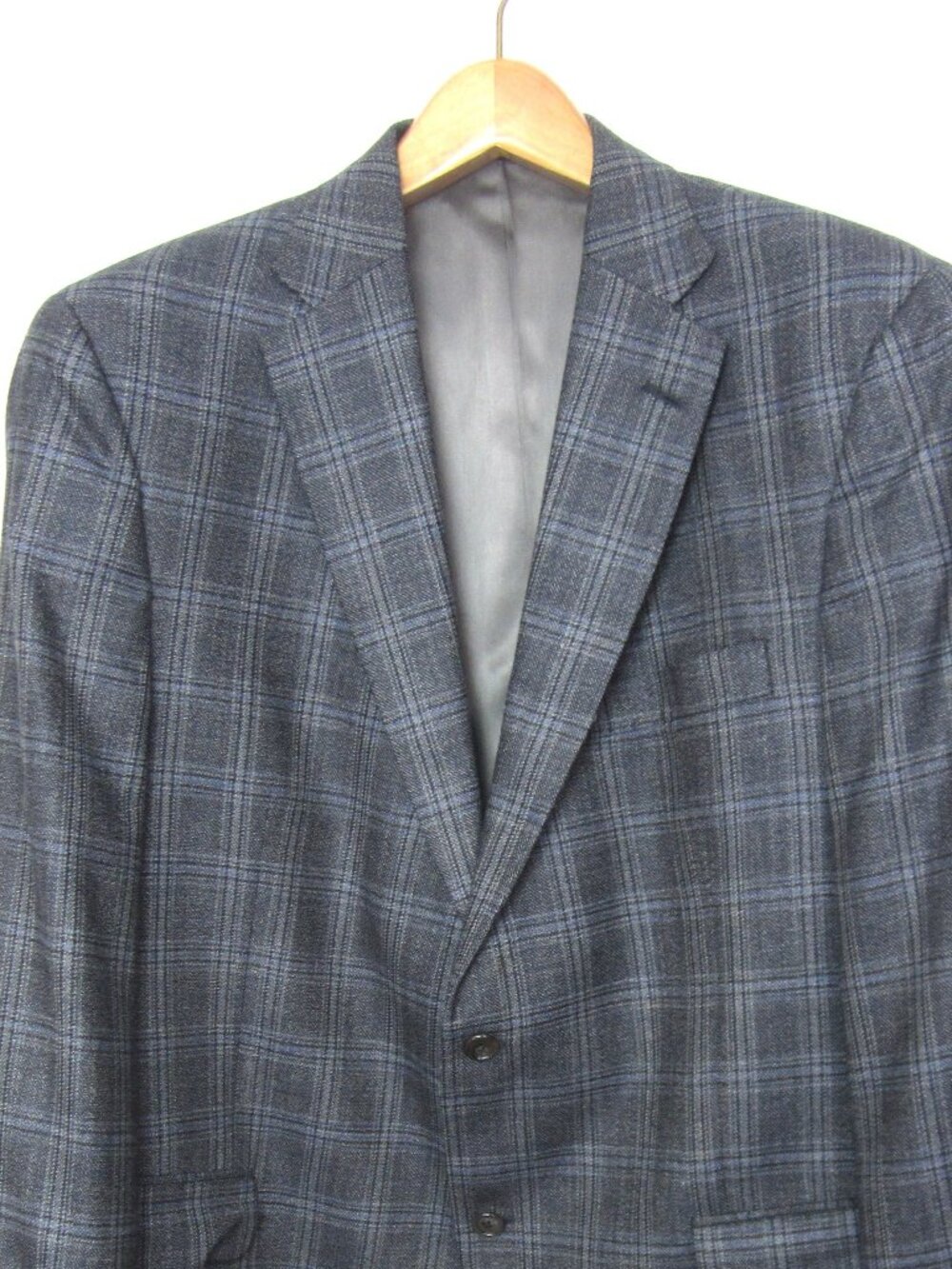 Hart Schaffner Marx 46R Blue Wool Silk Sport Coat Windowpane Plaid EUC